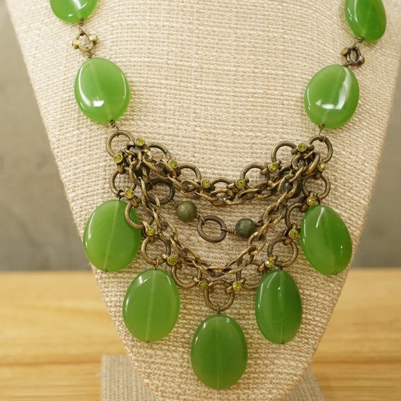 Kiam Family Jewelry Jade Green Glass & Brass Beaded Bib Statement Necklace - Picture 1 of 5